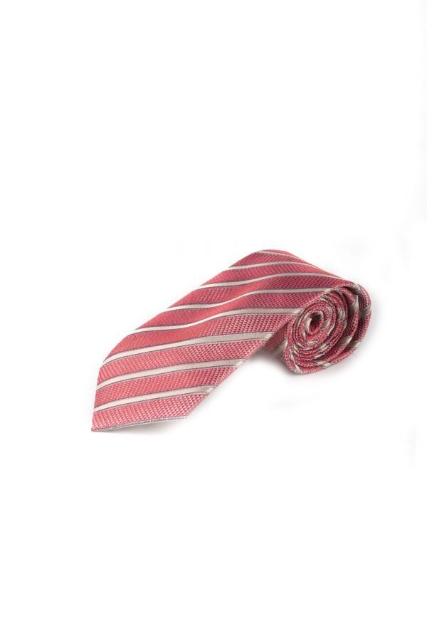Ολομέταξη κόκκινη ανάγλυφη γραβάτα με μπεζ ρίγες GRA435B18
