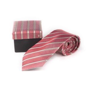 Ολομέταξη κόκκινη ανάγλυφη γραβάτα με μπεζ ρίγες GRA435B18