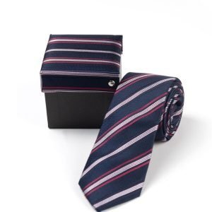 Ολομέταξη μπλε γραβάτα με κόκκινες και άσπρες ρίγες GRA498A8