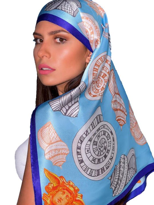 MεΓαλάζιο μεταξωτό μαντήλι με κοχύλια, Danelis design, crepe satin, 70x70cm